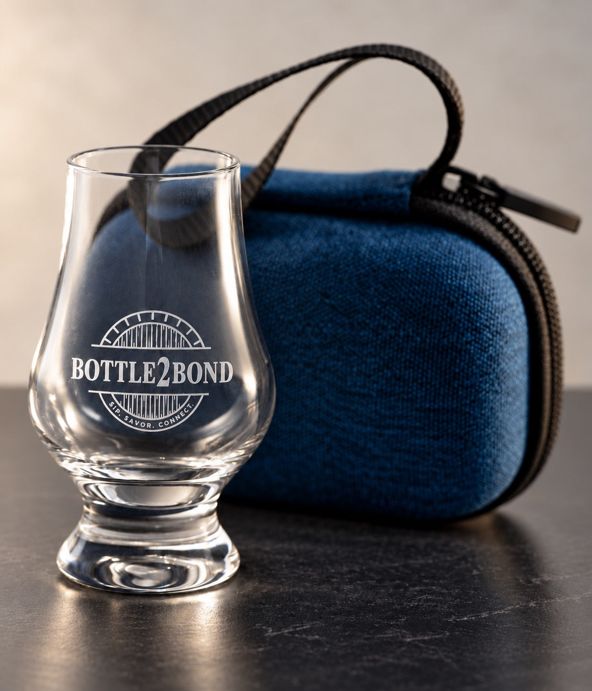 Bottle2Bond travel tasting glass and case